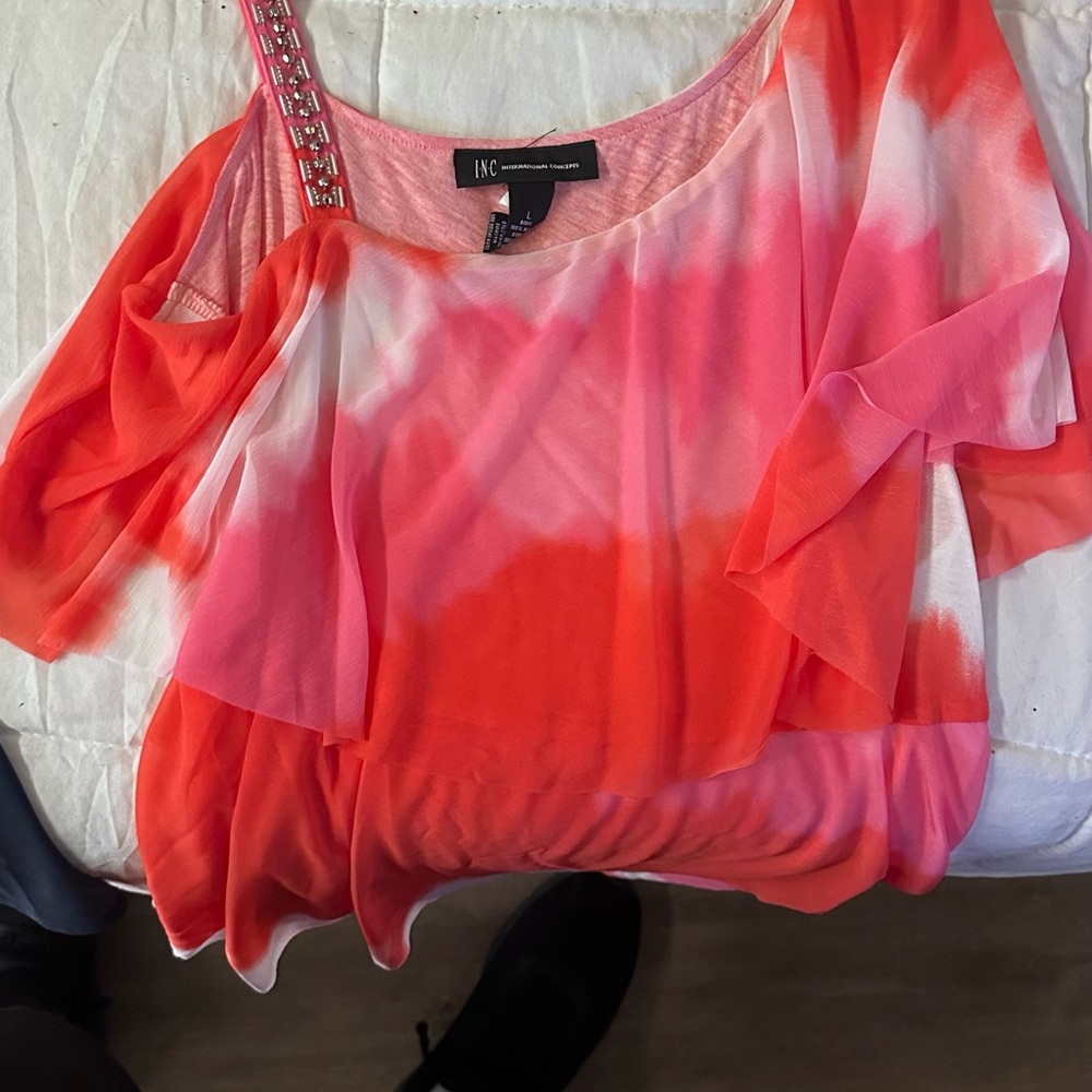 INC International Concepts Red and Pink Asymmetrical Blouse
